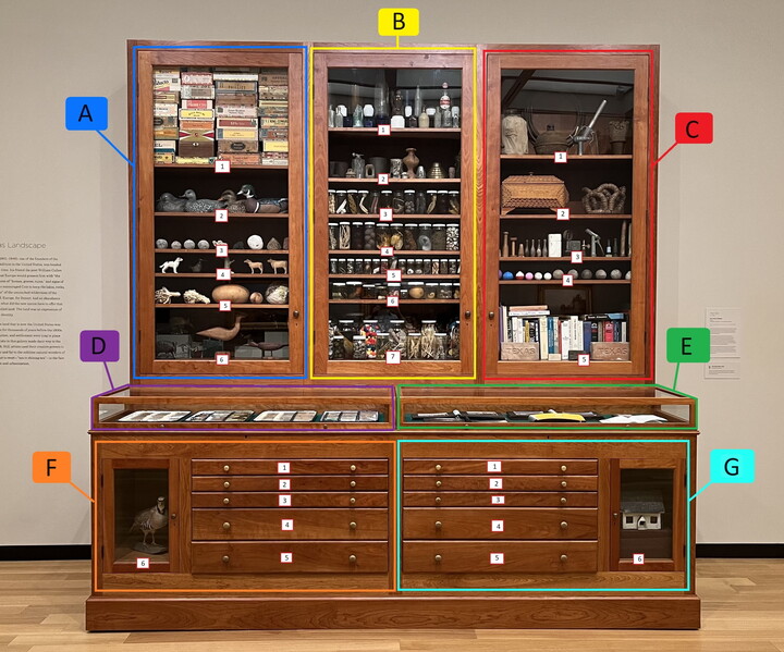 A large wood cabinet with many shelves and drawers; each section is labeled with letters and numbers.