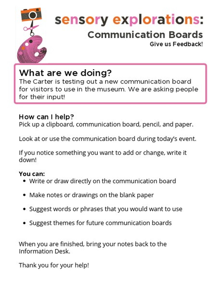 A survey asking visitors to the Carter for help testing communication boards.