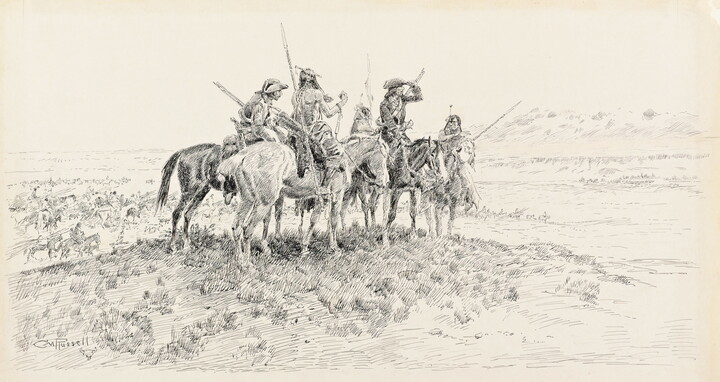 A black-and-white drawing of a group of men, two White and three Native American, on horseback in a prairie.