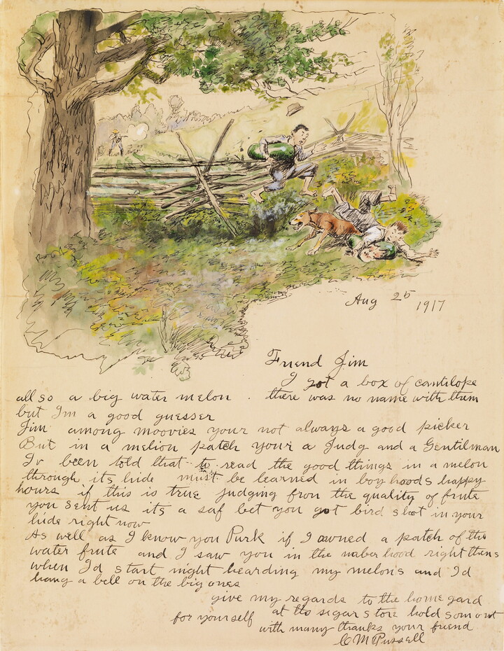 Above a letter addressed to "Friend Jim," a color drawing of two boys, each holding a watermelon, and a dog jumping over a fence away from a man pointing a rifle at them.