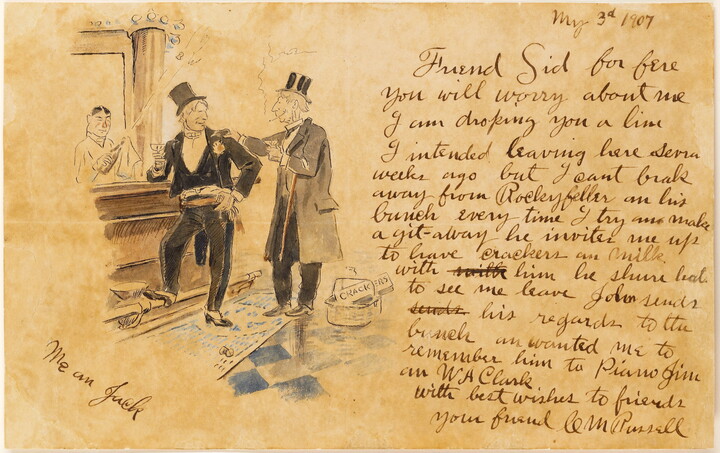 A handwritten letter next to a watercolor sketch of two White men, both in top hats and jackets, standing at a bar drinking.