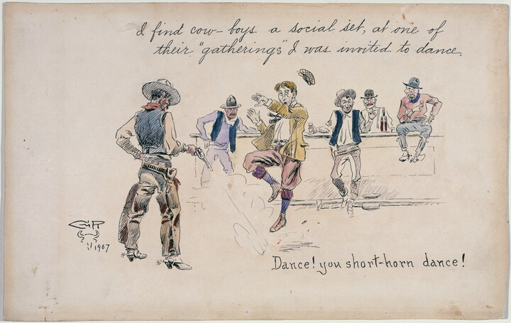 A watercolor drawing of a White cowboy dancing in a saloon as another cowboy shoots at his feet, and several others watch from the bar.