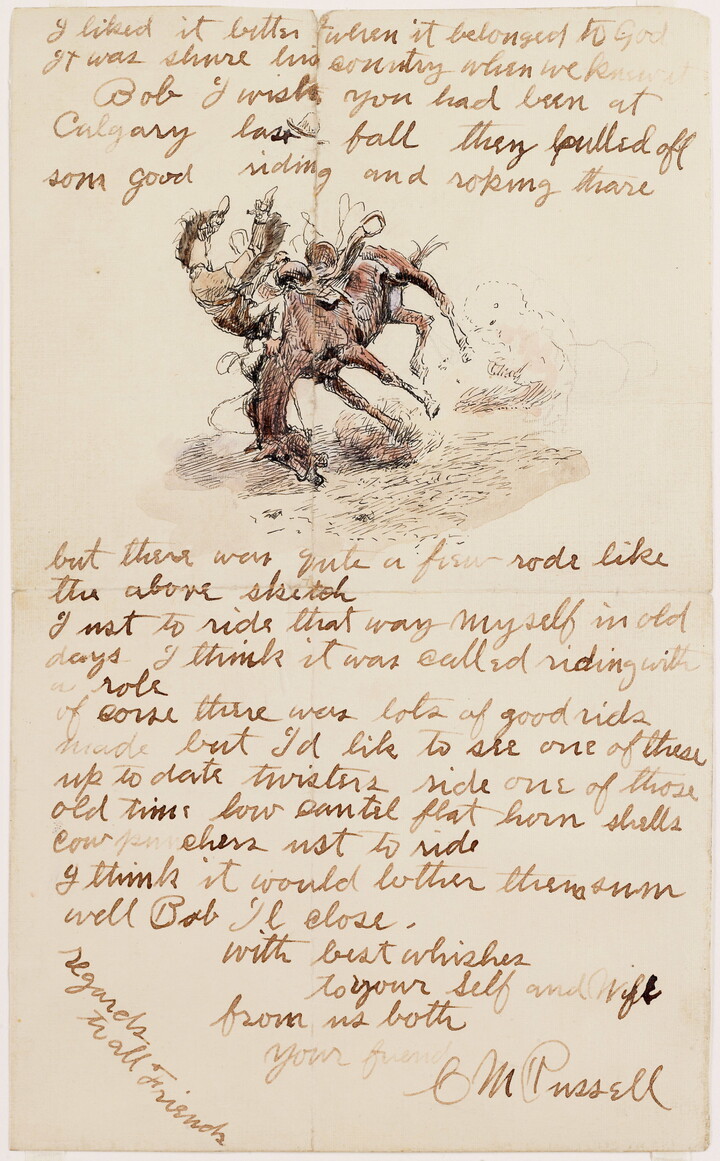 A handwritten letter with a watercolor drawing of a cowboy being thrown head-over-heels off a bucking horse.