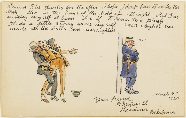 A watercolor and ink drawing of a man in a gray suit mugging a man in a yellow suit as a police officer looks the other way; handwritten text surrounds the drawing.