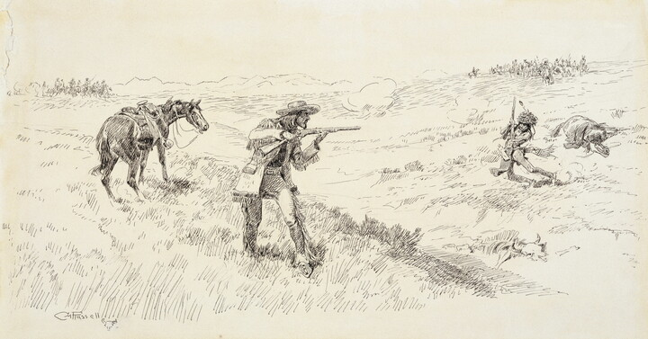 A black-and-white drawing of a man standing by his horse and pointing his gun at another man who falls to the ground.