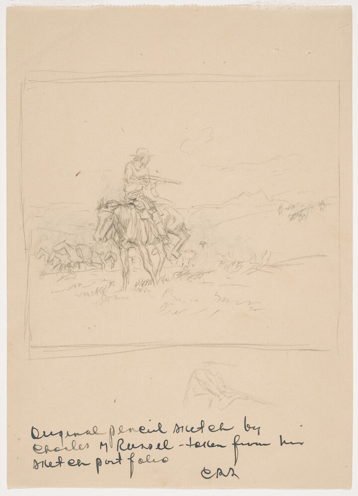 A sketch of a cowboy on a galloping horse pointing a rifle behind him.