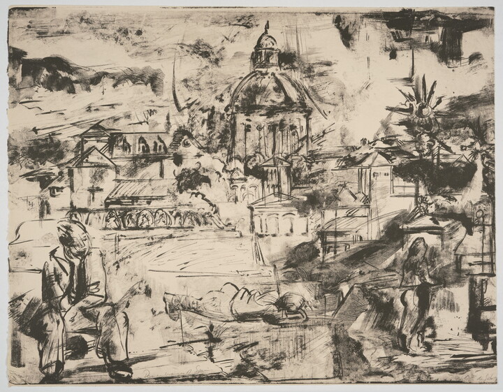 A black-and-white print of a cityscape, buildings, a monument, and people including a man sitting on a bench and a person lying down, all in a sketchy style.