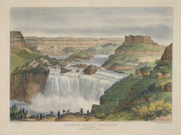 A color print of a large waterfall and a river winding through many rock formations.