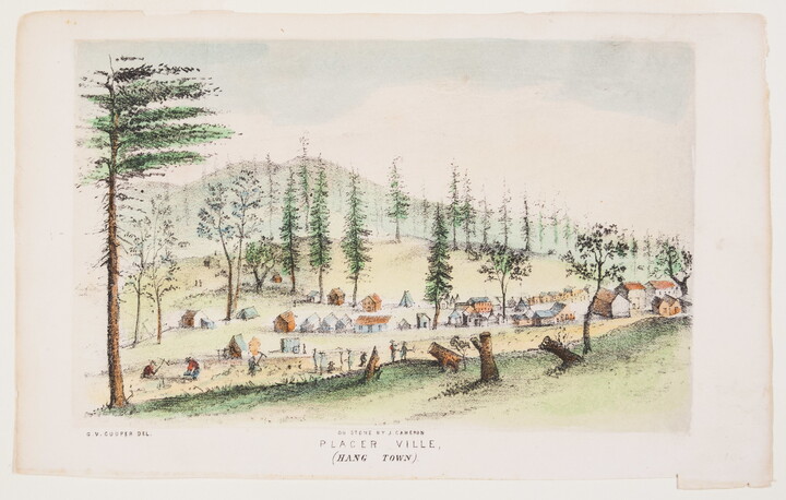 A color print of a quaint village on a wooded hill and people chopping down trees to make more room.