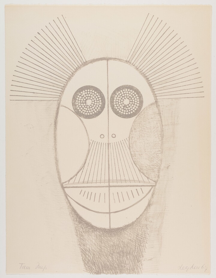 A black-and-white print of a stylized oval face with large round eyes, semi-circular cheeks, and striped mouth or beak.
