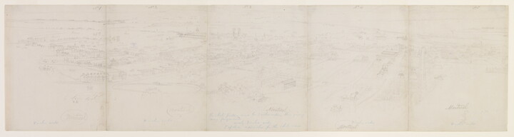 A black-and-white drawing of Montreal as viewed from above across multiple sheets of paper.