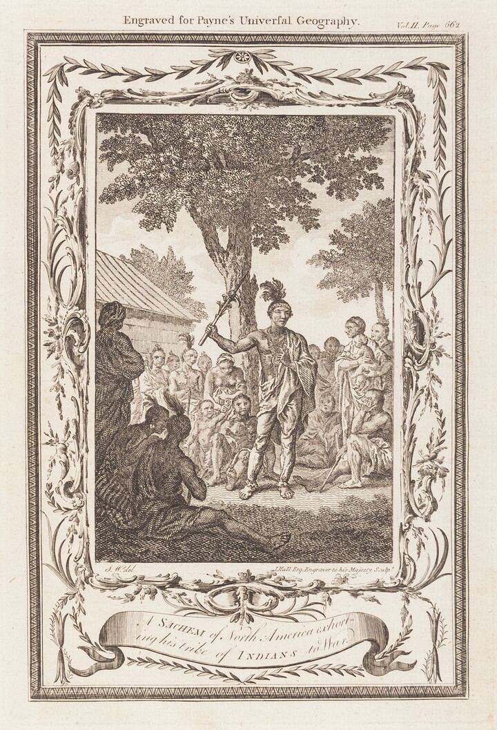 A black-and-white print of a group of Indigenous people listening to someone speak, surrounded by an elegant frame.