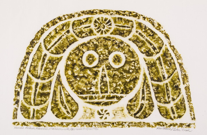 A monochromatic print of a tomb rubbing of a stylized round face under an arc of hair.