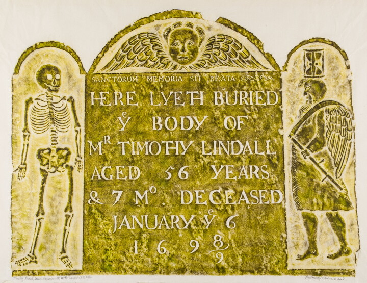 A color print of a tomb rubbing in olive green that includes text, images of a skeleton, and a winged  man with an hourglass on his head.