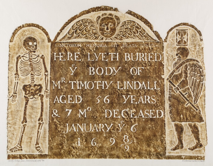 A color print of a tomb rubbing in brown that includes text, images of a skeleton, and a winged  man with an hourglass on his head.