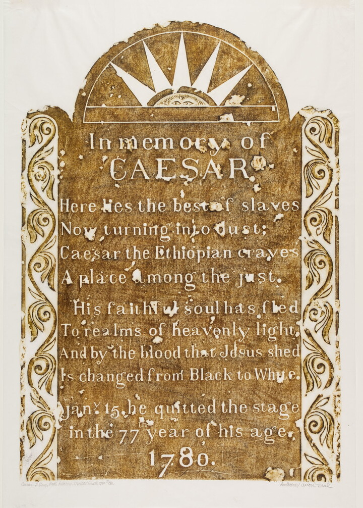 A color print of a tomb rubbing of an inscription "In memory of Caesar."