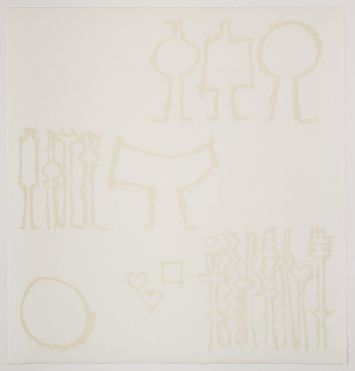 An abstract color print of a series of geometric shapes and symbols in three levels printed in a very light tan on white paper.