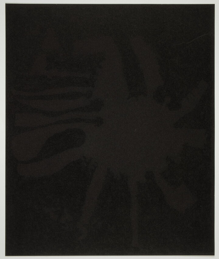 An abstract color print of a very dark brown splatter shape against a black background.
