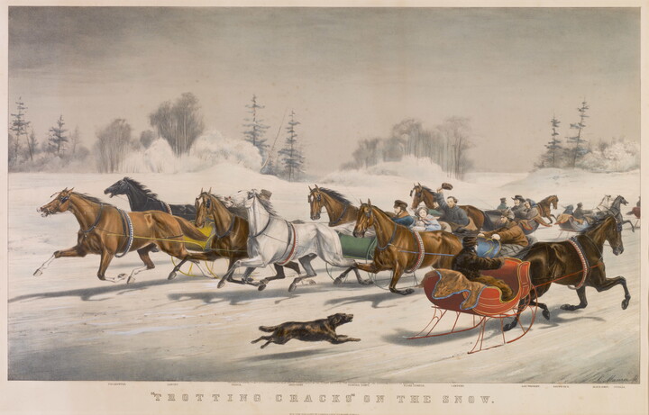 A color print of multiple horse-drawn sleighs with passengers racing across the snow, a dog chasing one sleigh.