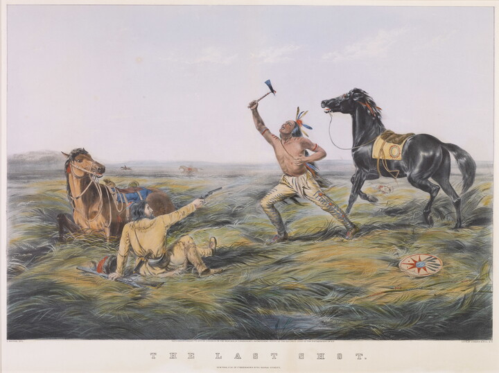 A color print of a White man on the grassy ground holding a gun and shooting toward an Indigenous man holding an axe.