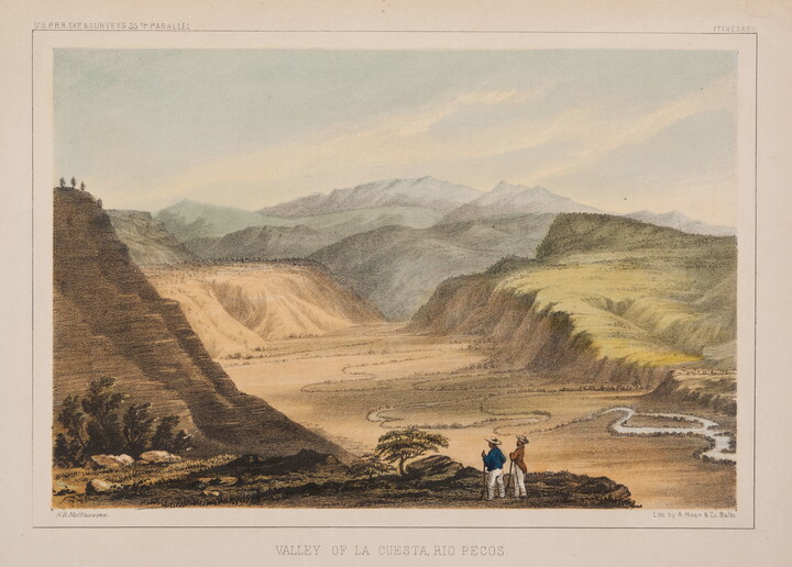 A color print of two people standing on a bluff over a river valley surrounded by hills.