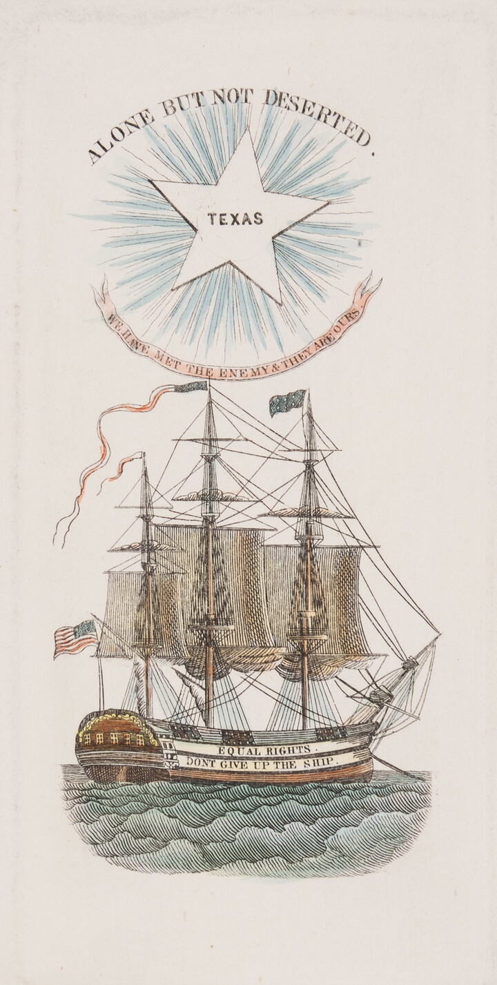 A color print of a wooden ship on water with a star that says, "Texas" above it surrounded by writing.