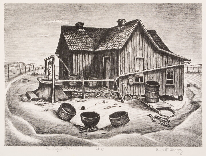 A black-and-white print of a wood house with vertical siding and a well in the yard.