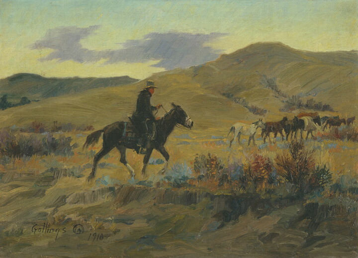 An oil painting of a cowboy on horseback following behind herd of riderless horses through a hilly landscape.