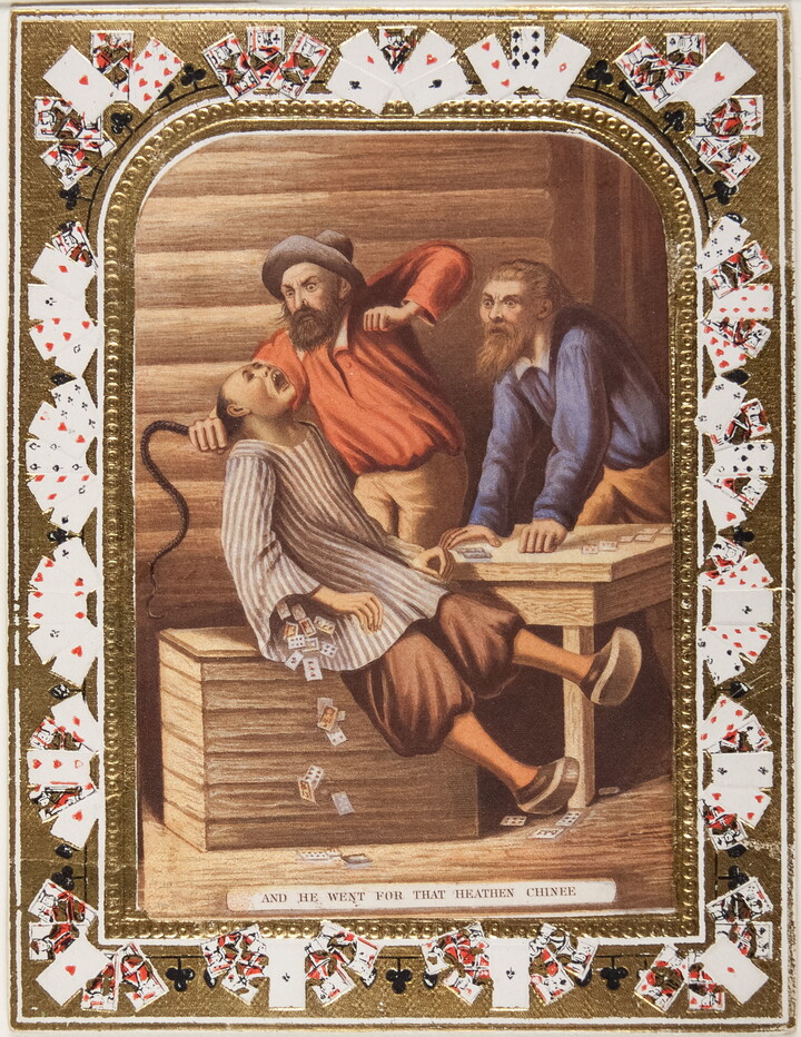 A color print of a White man holding a man with Asian features, playing cards falling out of his shirt sleeve, by the hair as another White man watches; playing cards make up the decorative border.