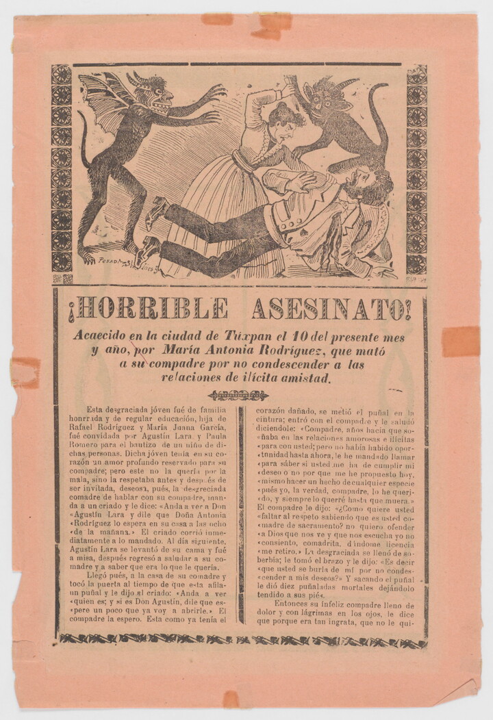 A black-and-white print illustration on red paper of a woman attacking a man with a knife as two demons seem to encourage her above headlines and text in Spanish.
