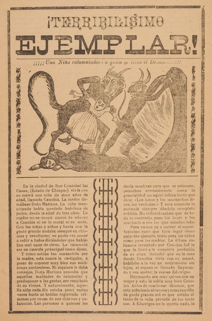A yellowed black-and-white print of two horned devils with long tails dragging a young girl away from a person laying on the ground above Spanish text.