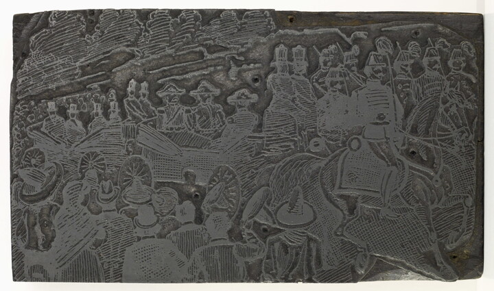 An engraved metal printing plate of a crowd of people surrounding two carriages pulled by uniformed figures on horseback.