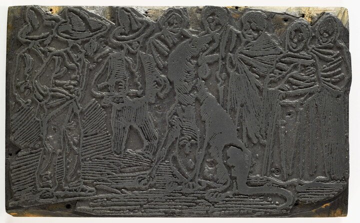 An engraved metal printing plate of an illustration of a group of people standing around a very large, sitting dog.