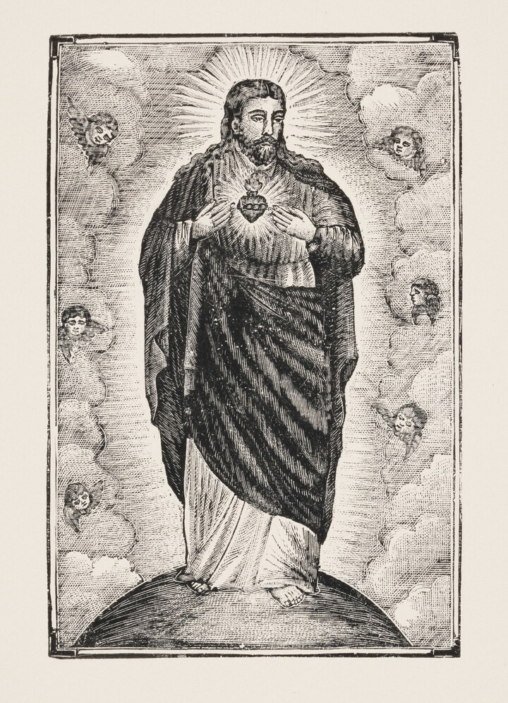 A black-and-white print of a Christ figure draped in robes that reveal the Sacred Heart and surrounded by cherubs.