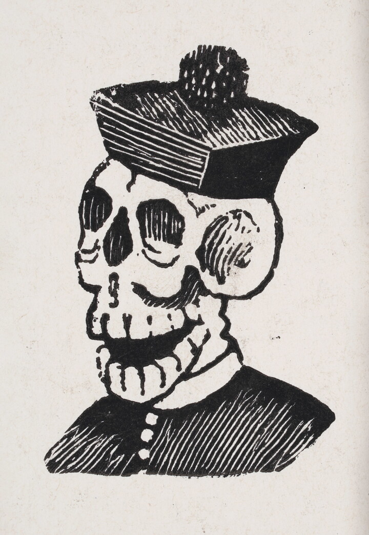 A black-and-white print of a skull wearing a biretta and a clerical shirt with a white collar.