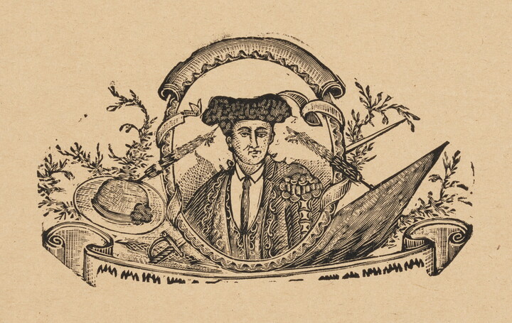 A black-and-white print of the bust of a matador in a decorative oval frame surrounded by plants, a sword, and a hat.