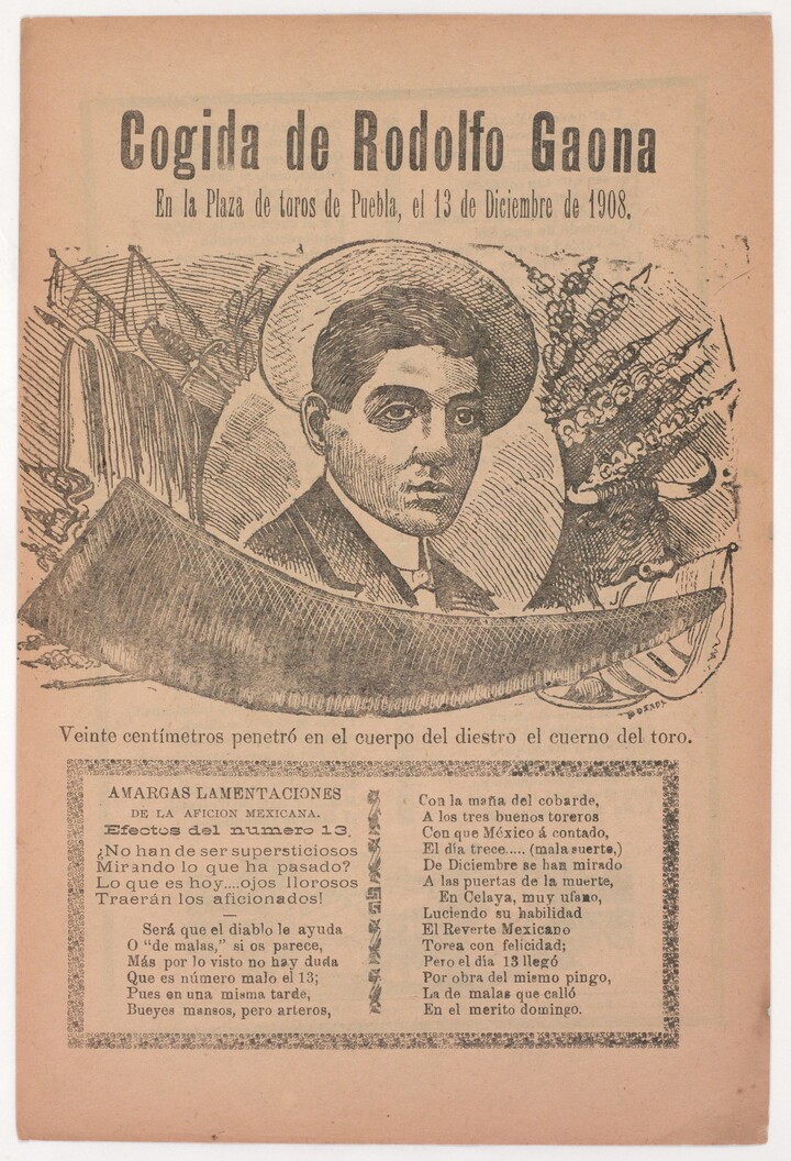 A yellowed black-and-white print of Spanish text beneath an image of a man surrounded by symbols of bullfighting.