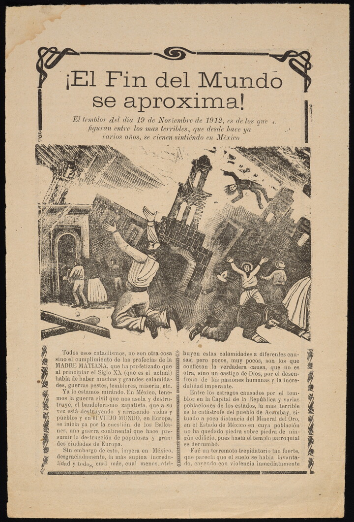 A black-and-white printed leaflet with Spanish text below an illustration of tumbling buildings and people running and falling.