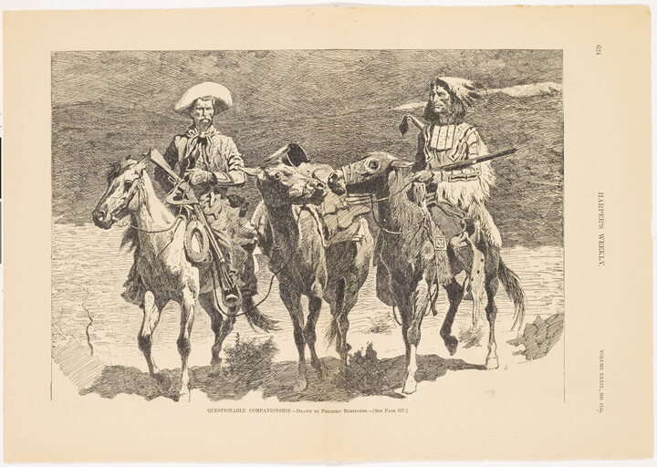 A black-and-white print of a cowboy and Native man on horseback with a third horse walking between them.