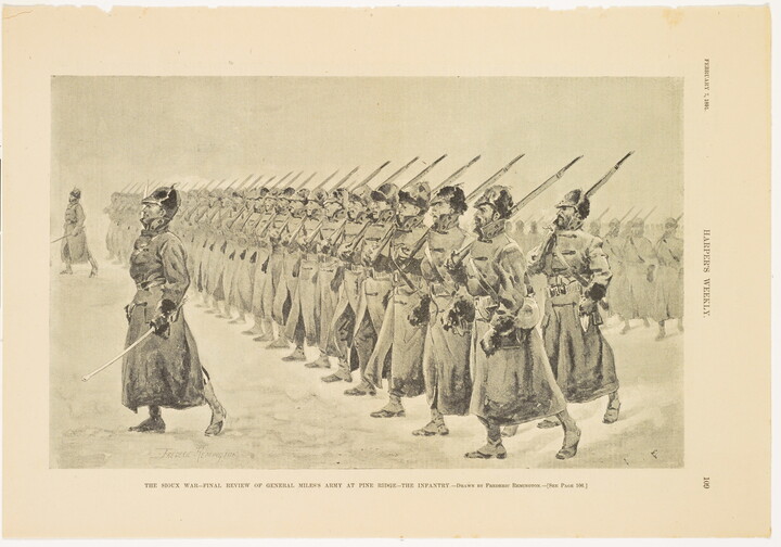 A page from a magazine with a black-and-white illustration of soldiers in long coats and helmets marching in formation with bayonets over their shoulders.