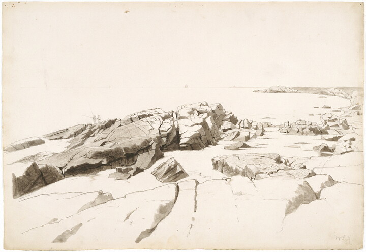 A black-and-white drawing of a rocky beach with several fisherman standing in the distance. 