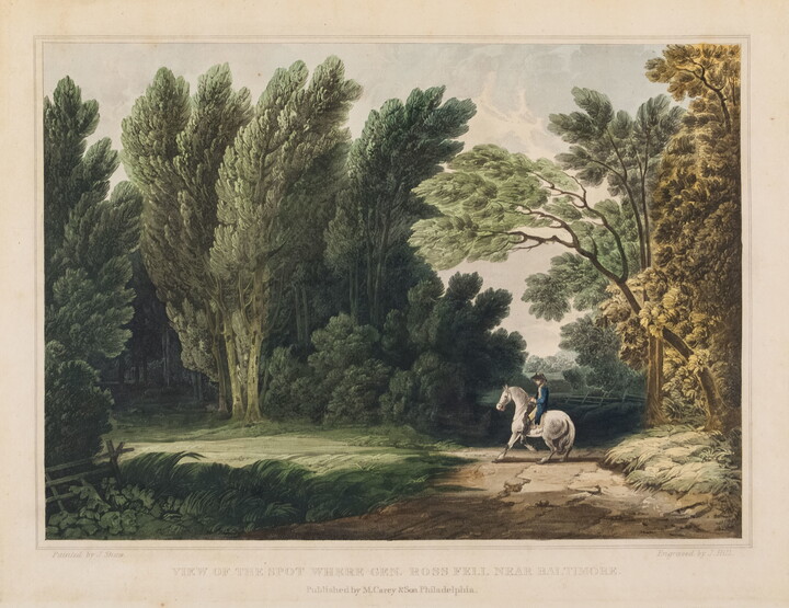A color print of man on a white horse on a dirt road surrounded by tall green trees.