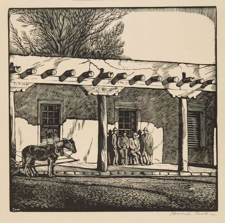 A sepia-toned print of four people standing on the porch of an adobe building, horses pulling a carriage just coming into view.