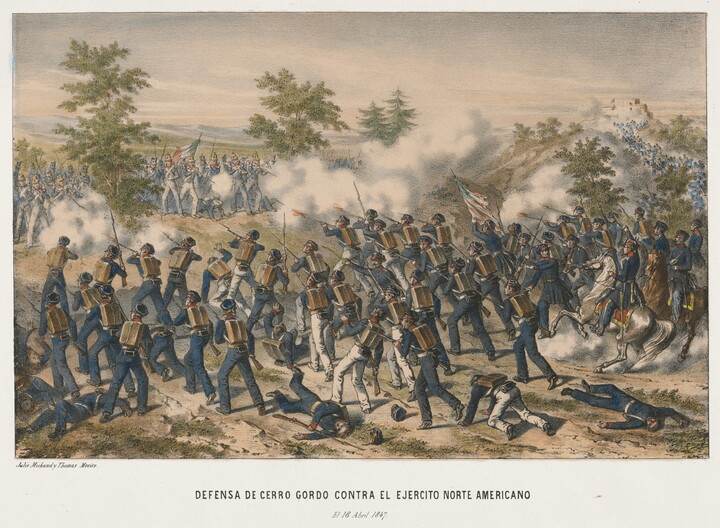 A color print of two armies of foot soldiers, one in blue uniforms and the other in white, shooting at each other in an open field.