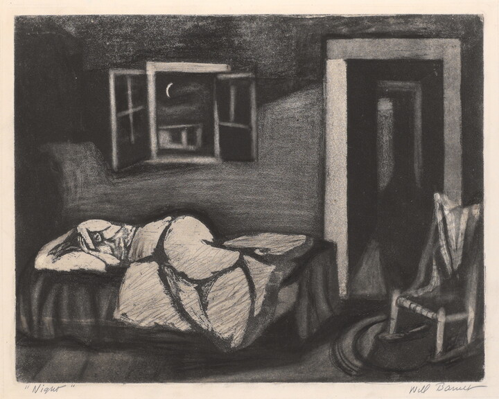 A black-and-white print of a white figure sleeping in a bed beneath an open window revealing a crescent moon. 