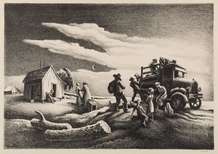 A stylized black-and-white print of a family loading its belongings onto a truck.