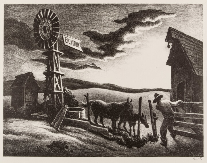 A black-and-white print of a farmer either closing or opening a gate to a corral with two horses next to a windmill under a dark and cloudy sky.