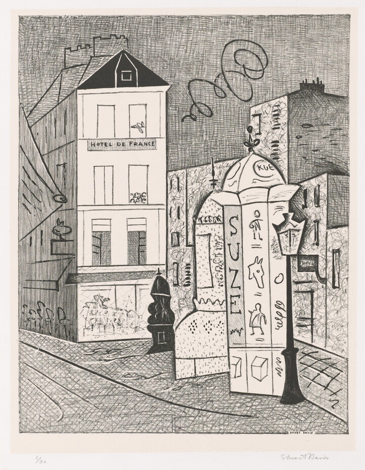 A black-and-white print of a Parisian cityscape, including buildings, a postbox, and a streetlamp. 