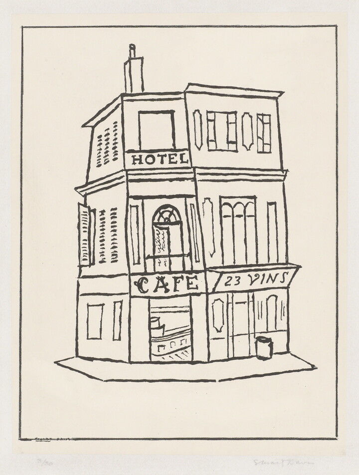 A black-and-white print of a simply-drawn corner hotel façade, with the words "hotel" and "cafe" written above the entry. 