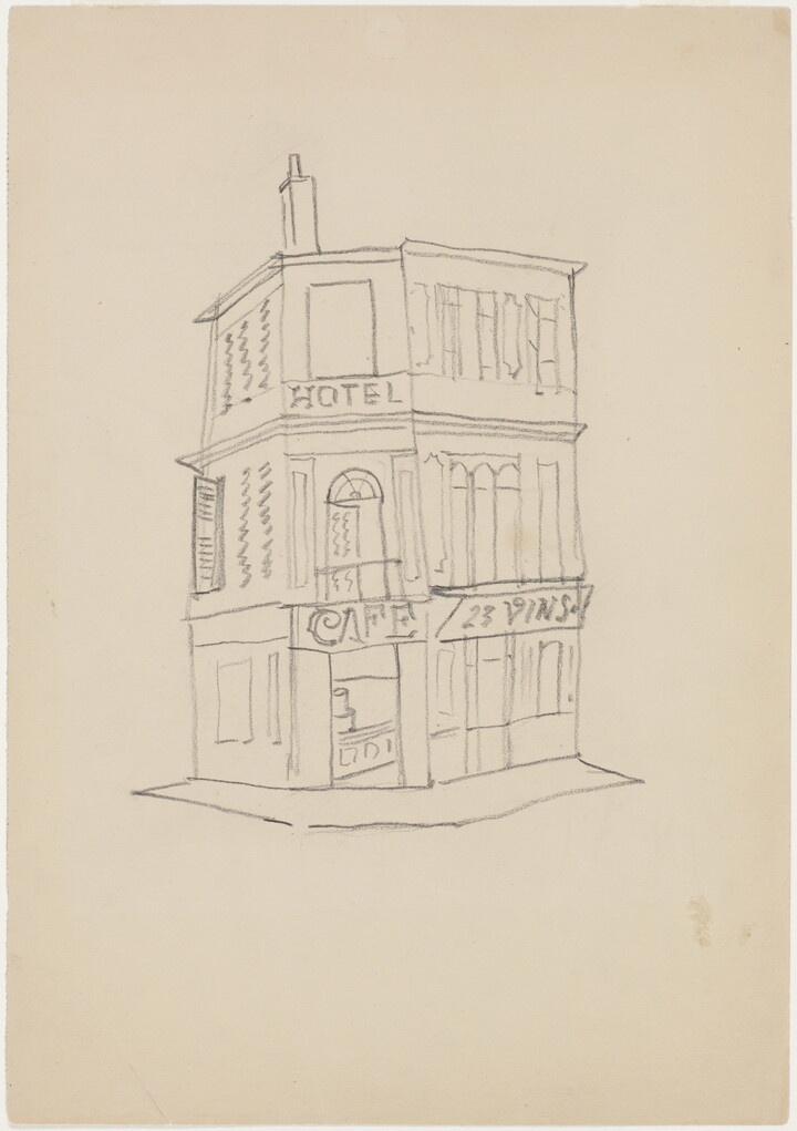 A black-and-white line drawing of a corner hotel façade, with the words "hotel" and "cafe" written above the entry. 